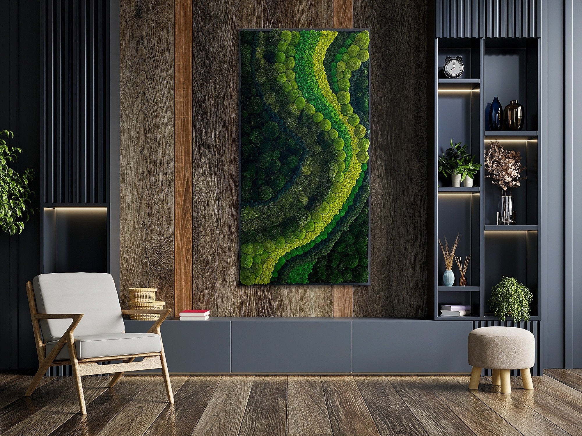 Moss Wall Art. Wall Decor. Green wall. Oak frame Statement Art. Planted mosswall