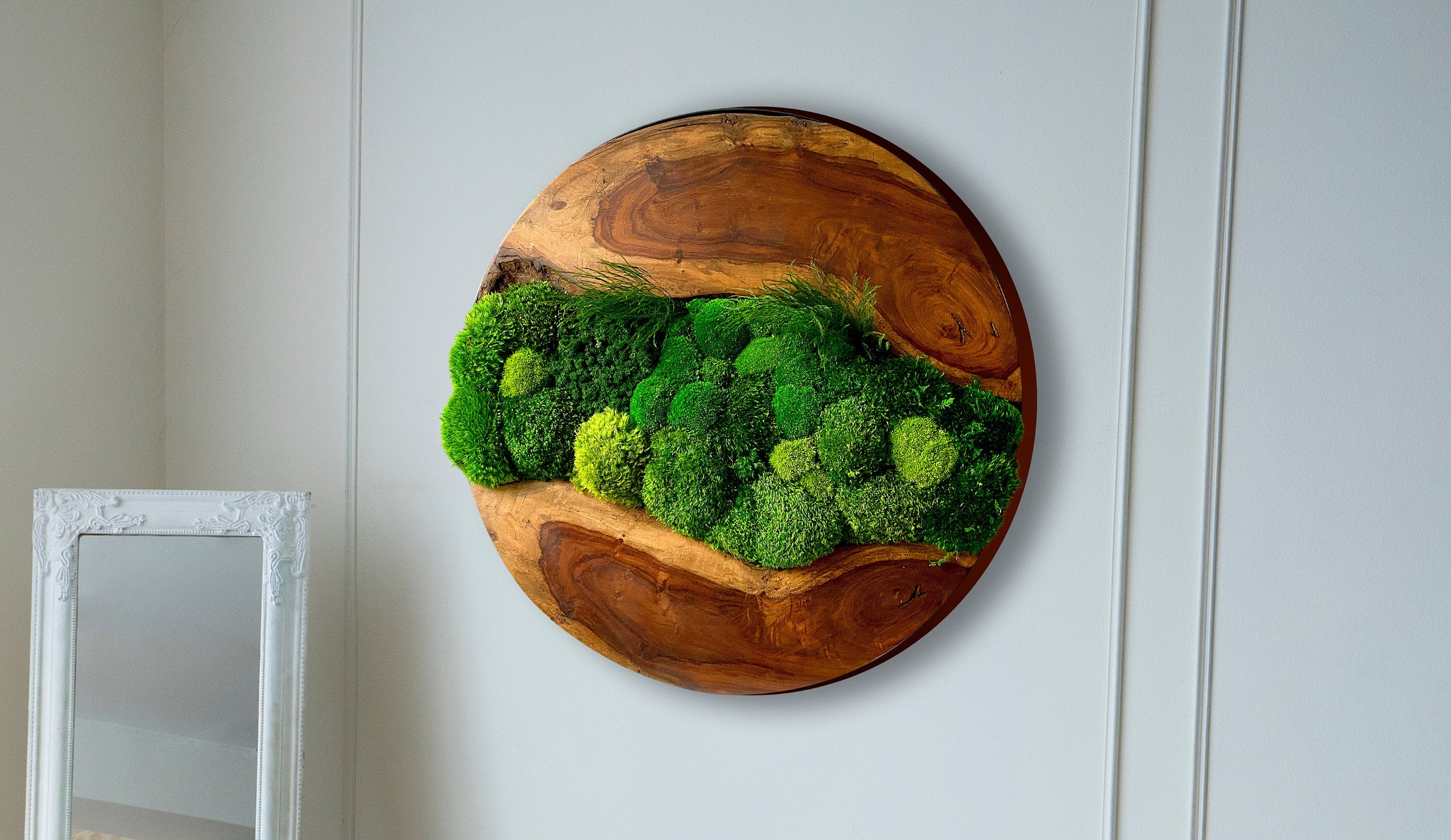 Moss wall art - Preserved Moss art - Round art - circular art - green wall - Live edge Wood Art