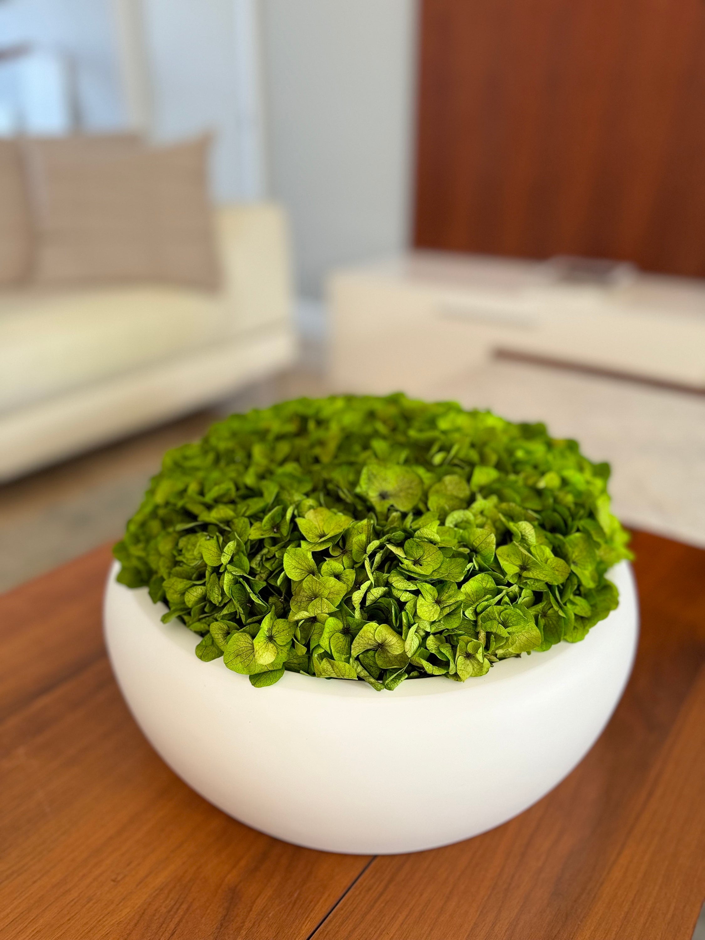 Large Hydrangea Centerpiece - Moss bowl arrangement - Modern Bowl with preserved flowers - Home decor