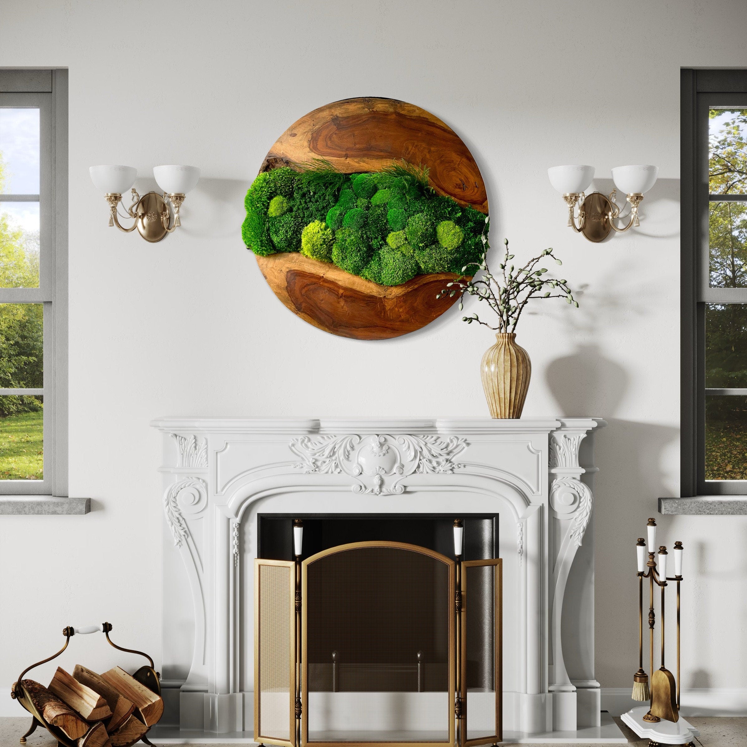 Moss wall art - Preserved Moss art - Round art - circular art - green wall - Live edge Wood Art
