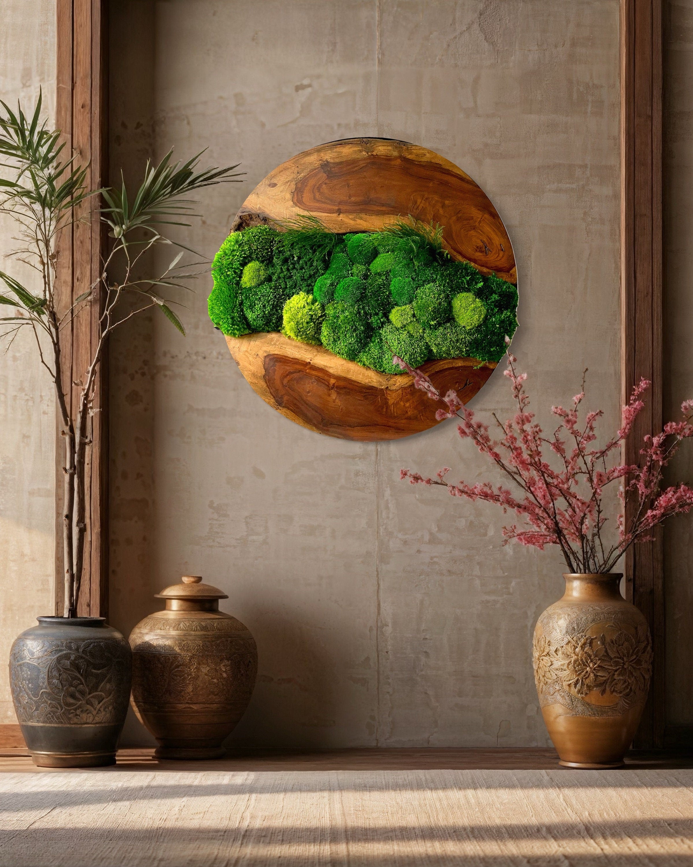 Moss wall art - Preserved Moss art - Round art - circular art - green wall - Live edge Wood Art