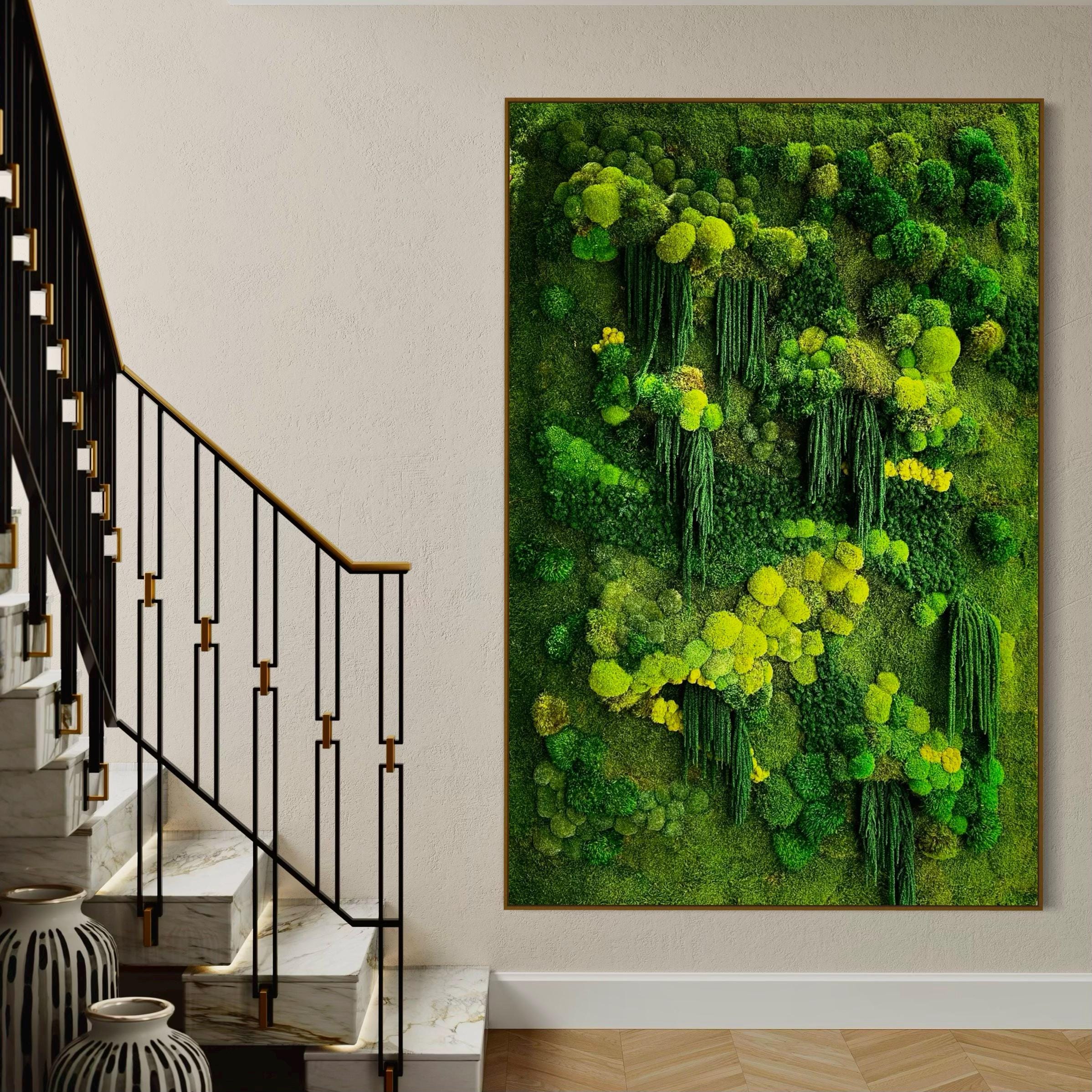 Handcrafted Moss Wall Art with Oak Frame | Mixed Moss & Amaranthus | Unique Natural Home Décor