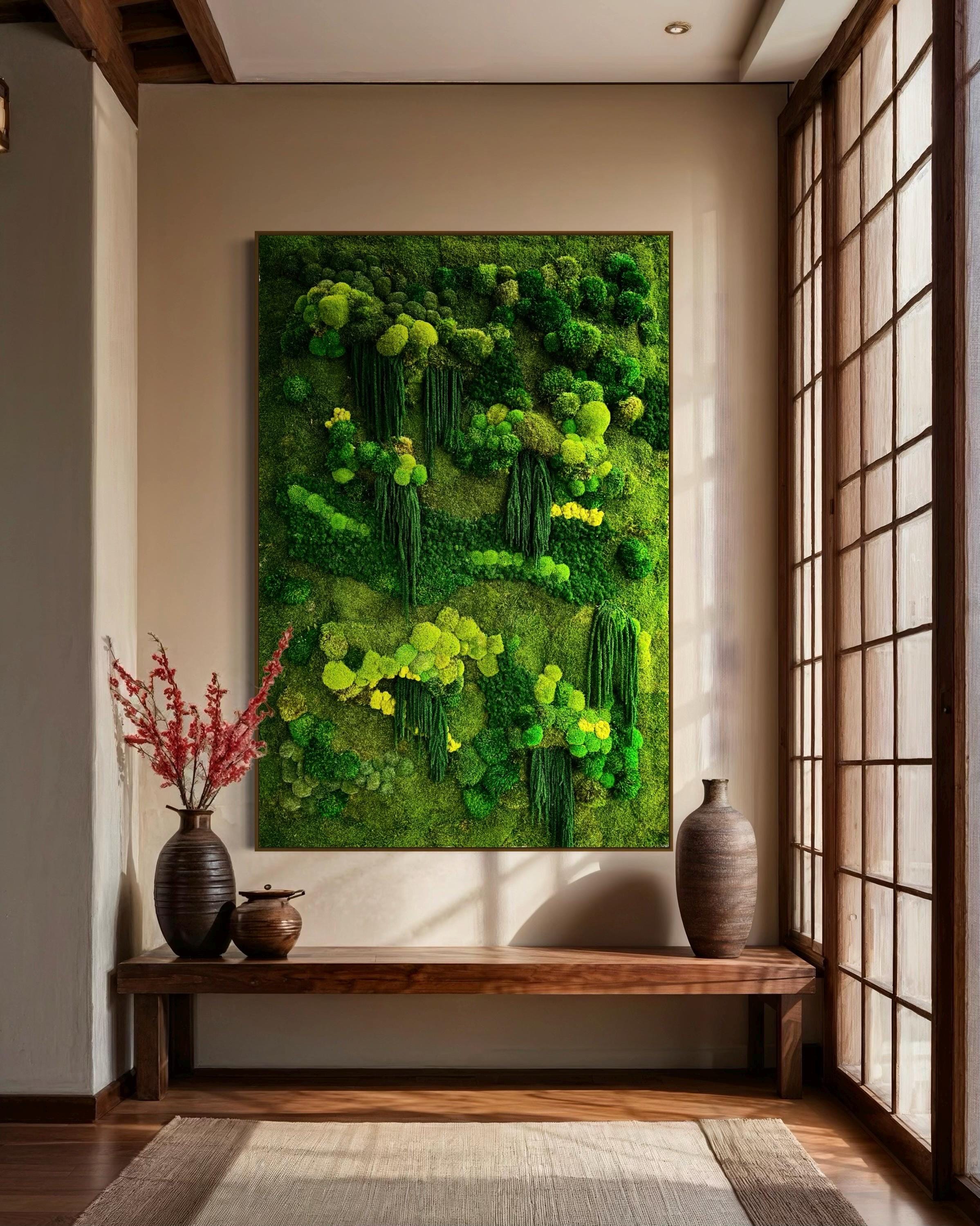 Handcrafted Moss Wall Art with Oak Frame | Mixed Moss & Amaranthus | Unique Natural Home Décor